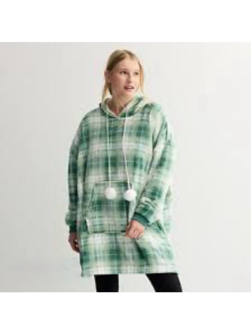 Harper & Ivy | Juniors Extremely Oversized Plush Hoodie Green White Plaid, OS